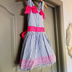 Little Lass Girls Blue & White Striped Dress with Hot Pink Bows | Size 3T